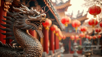 Fototapeta premium A detailed shot of a traditional temple decorated with dragon statues and red lanterns celebrating the new year The intricate details in the decorations create a warm, reverent atmosphere A 