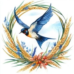 Fototapeta premium Ukrainian Wheat Swallow Chaplet: Watercolor Illustration of Symbolic Flight