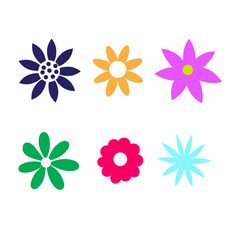 Set of colorful hippy groovy daisy flowers clipart, icon and illustration on a white background.