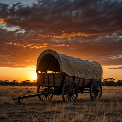 An antique covered wagon is positioned in a field, highlighting its rustic charm against the natural landscape.