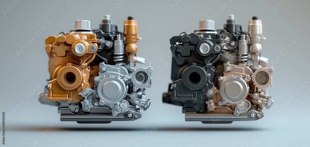 Poster Turbocharger installation concept. Two detailed engine models displayed side by side, showcasing intricate mechanical components in contrasting gold and silver finishes.