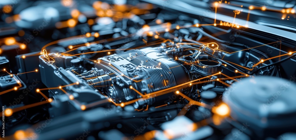Poster Turbocharger installation concept. A detailed view of a car engine, showcasing intricate components and illuminated circuit patterns, emphasizing technology and engineering.