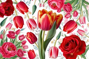 Obraz premium Isolated Red Petals: Vibrant Tulip and Rose Bouquets on Floral Watercolor Background