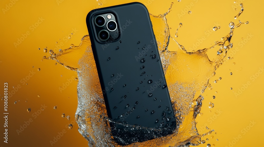 Poster Water splashing around a waterproof smartphone on a yellow background, creating an energetic and dynamic visual demonstrating water resistance