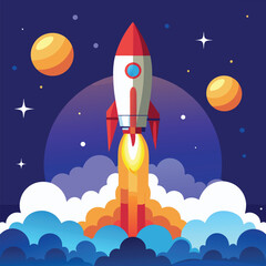 A futuristic vector logo featuring a rocket ship blasting off into space