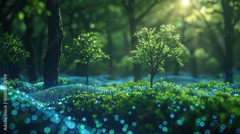 Poster a mystical forest with glowing blue particles emanating from the ground, creating a surreal and ethe