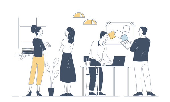Teamwork in office. Men and women discuss joint business projects and tasks. Collaboration and communication, brainstorming. Partners and colleagues at briefing. Linear vector illustration