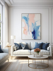 Modern Living Room Interior with White Sofa Blue Pillows and Abstract Painting