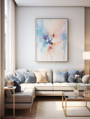 Modern Living Room Interior with Abstract Painting White Sofa and Gold Coffee Table