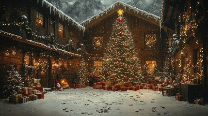 Fototapeta premium Enchanting winter scene with festive christmas tree in snowy alpine village courtyard