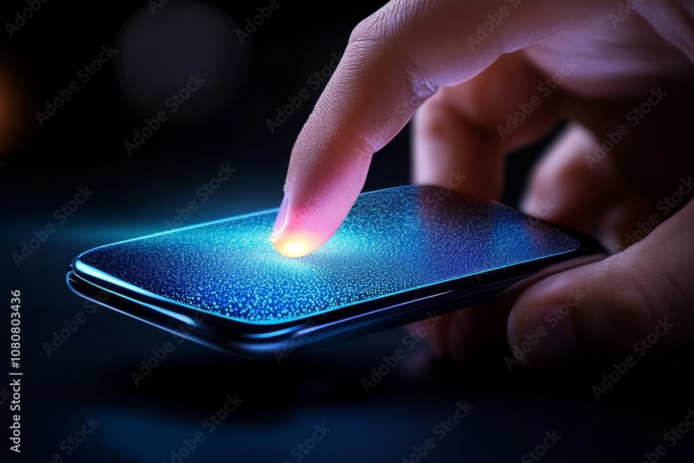 Poster A hyper-realistic close-up of a hand scrolling on a smartphone screen, with every detail of the fingers and screen reflection