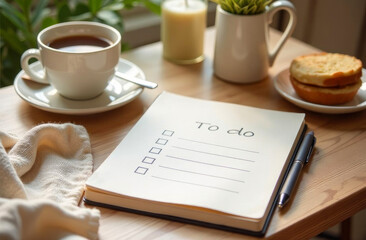 A cozy morning scene features a cup of coffee, a notepad with a to-do list, and a light snack on a wooden table