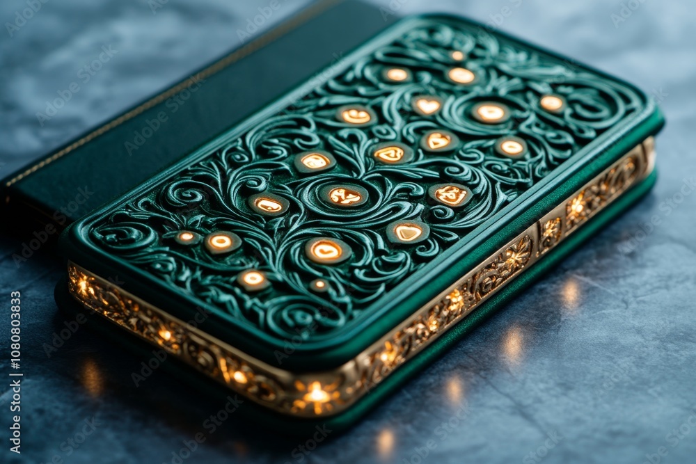 Poster A magical phone with glowing symbols and enchanted text messages, set in a mystical forest