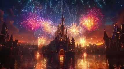 Fototapeta premium A stunning fireworks display over a fairytale castle with intricate architectural details captured in high resolution The vibrant colors of the fireworks create a magical and enchanting scene 