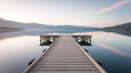 Naklejka premium A serene wooden dock extends into a calm lake at dawn, surrounded by misty mountains, creating a tranquil and picturesque landscape.