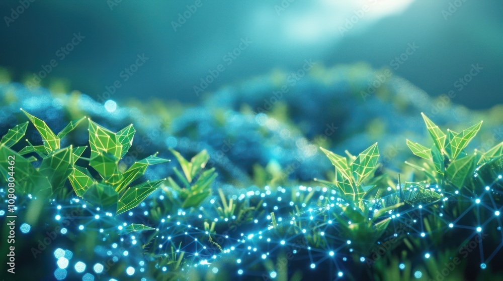 Poster abstract image of green plants with a network of glowing blue lines connecting them.