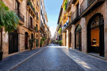 Obraz premium A narrow alleyway between tall buildings in an old city, with laundry hanging and cobblestone ground