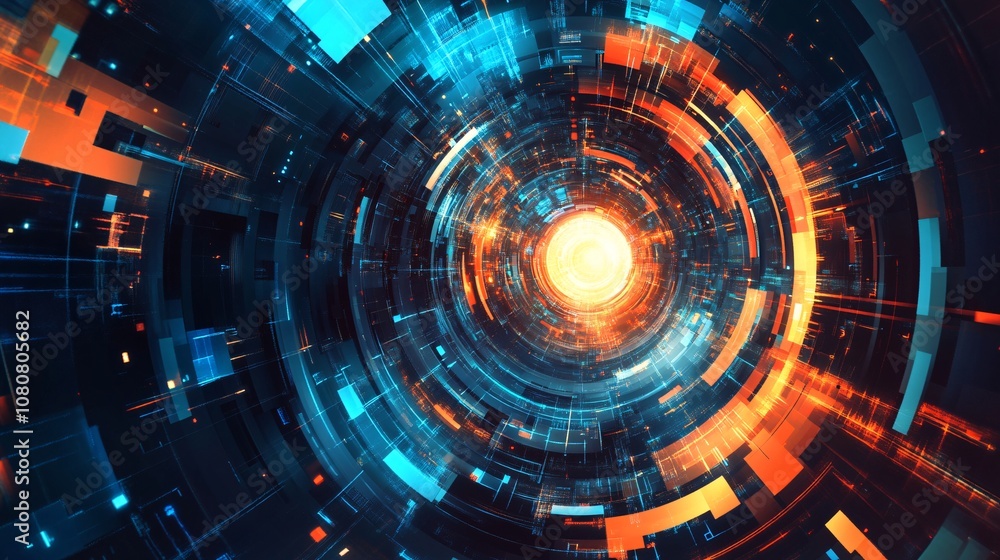 Poster Digital tunnel effect creating a circular light portal with glowing rectangles