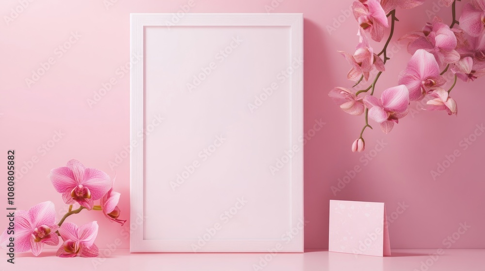 Poster front view of a blank photo frame mockup against a pink background surrounded by pink orchids and a 
