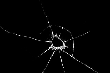 bullet hole on glass black background for overlay, transparent window