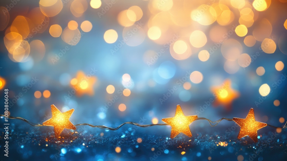 Poster abstract blurred background featuring christmas lights star strings against a blue bokeh with shimme