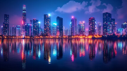 Fototapeta premium A modern cityscape at night, with skyscrapers and neon lights reflecting off a calm body of water