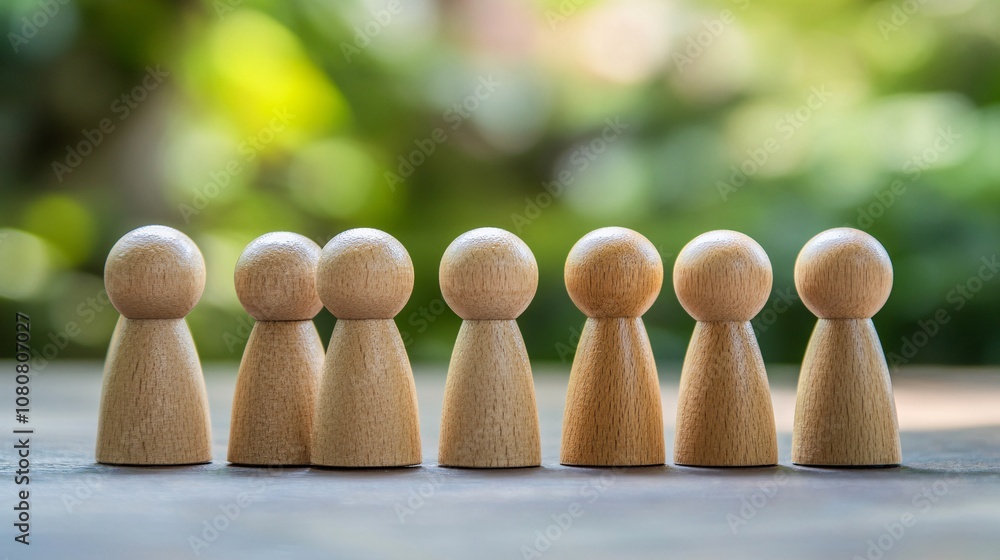 Poster Wooden figures standing together on a table with green bokeh background representing a united community