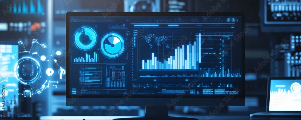Poster Computer showing futuristic global big data analysis interface with graphs and charts processing information