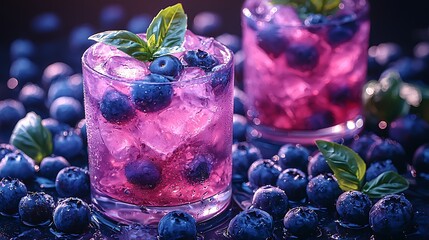 Inviting cocktails with vibrant purple hues, fresh blueberries, and basil garnish, ideal for summer refreshment.