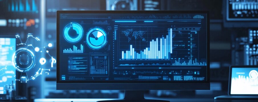 Computer showing futuristic global big data analysis interface with graphs and charts processing information
