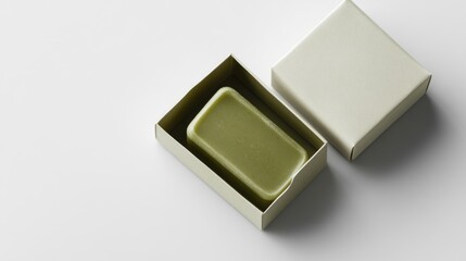 Olive soap bar packaged in a mock up soap wrap box on a clean white background