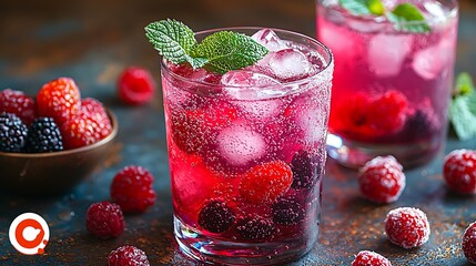 Refreshing berry soda with ice and mint leaves, served in a glass, surrounded by fresh raspberries and blackberries.
