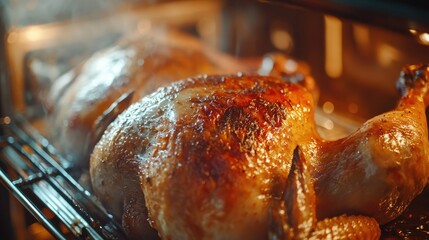 Close-up of whole roasted turkey cooking in the oven, skin perfectly browned and crispy