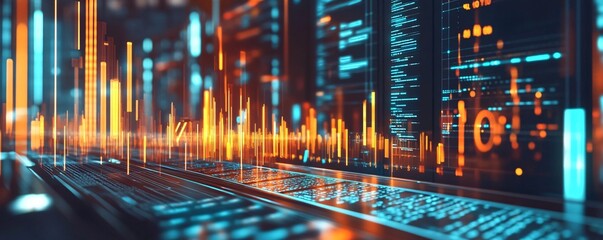 Programming code creating glowing lines and bar graphs in futuristic server room