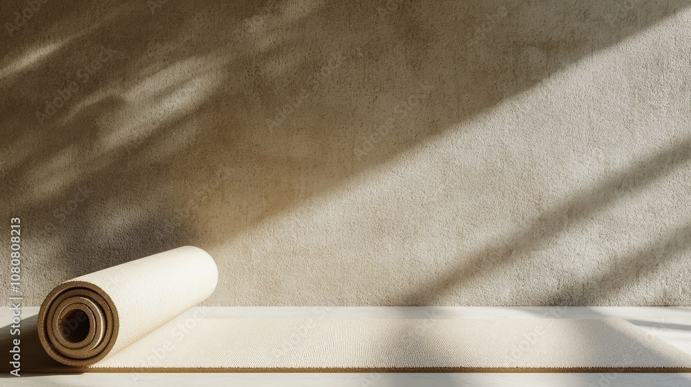 Poster Rolled yoga mat placed on floor with sunlight creating shadows on wall, suggesting a serene and inviting space for practicing yoga and mindfulness