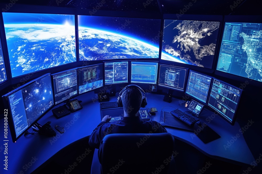 Poster high-tech control room monitoring earth from space, multiple screens displaying data and maps, opera