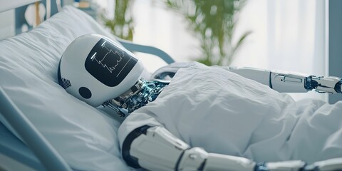 A humanoid robot lying in a hospital bed, covered with a blanket, representing advanced robotics and healthcare technology.