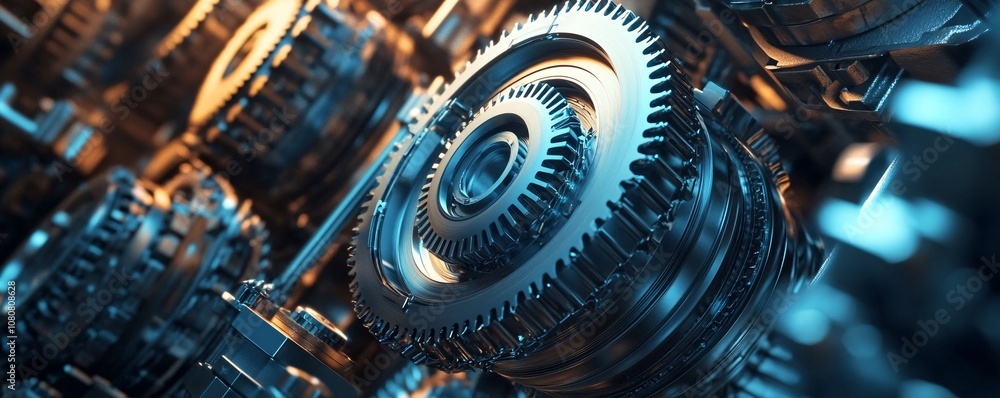 Aufkleber Complex system of interlocking gears rotating smoothly in a machine