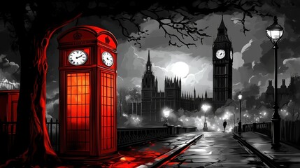 Obraz premium Enigmatic London Nightscape Featuring Red Telephone Booth, Historic Architecture, and Majestic Big Ben Against a Brooding Black and White City Background