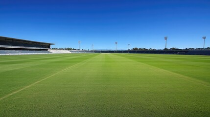 Fototapeta premium Wide-angle view of an empty cricket field with a well-manicured pitch and boundary lines, stadium seating visible under a clear blue sky.