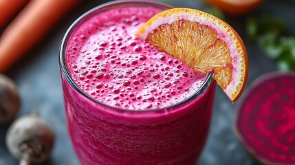 A vibrant beetroot juice garnished with an orange slice, showcasing a refreshing, healthy beverage with a rich color and foamy texture.