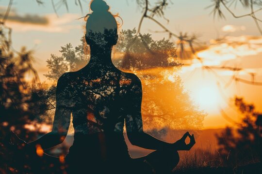 Immerse yourself in a peaceful sunset yoga meditation surrounded by nature to rejuvenate body and mind. Seek balance, peace, and relaxation as you connect with serenity and inner calm - Powered by Adobe