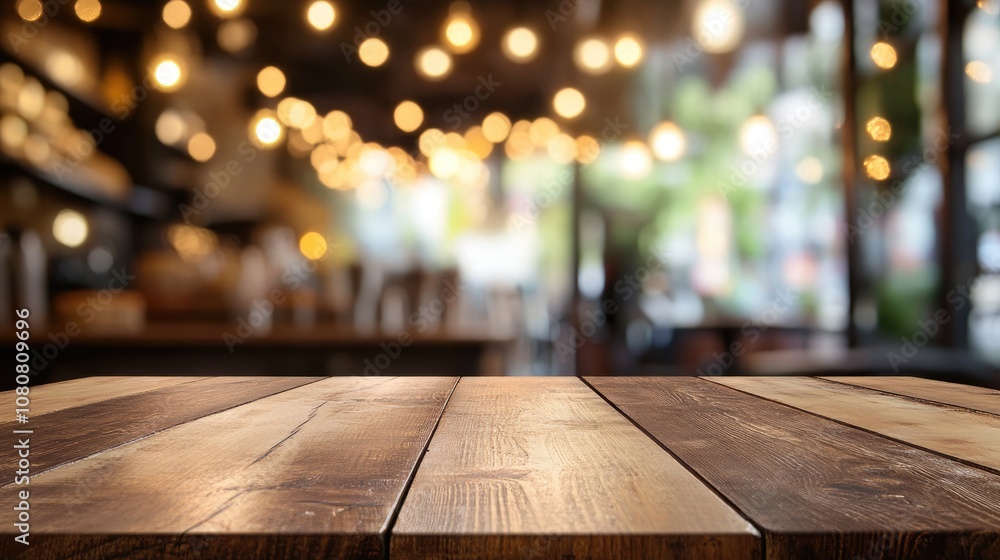 Poster empty wooden tabletop with a blurred bakery or cafe ambiance featuring an abstract bokeh background