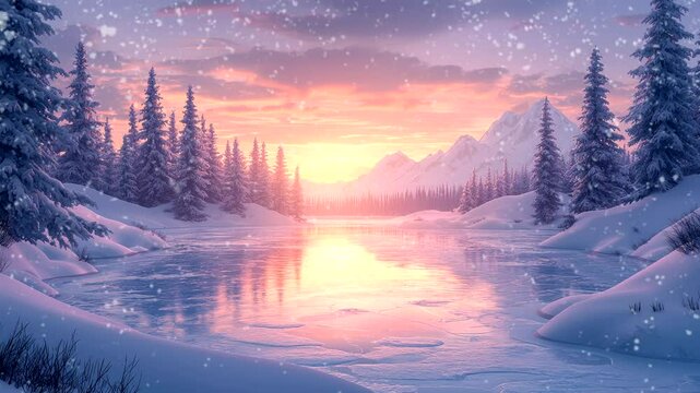 Serene winter landscape at sunset with snow-covered trees and a reflective river.