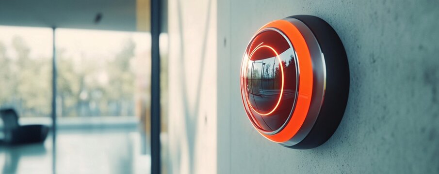 Smart home security system monitoring with futuristic interface on concrete wall