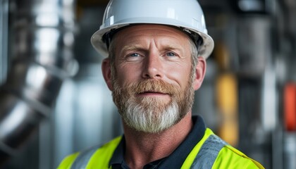Skilled construction worker in safety gear smiles confidently at a job site