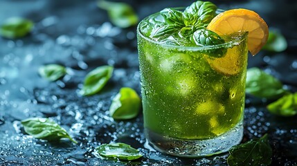 A refreshing basil cocktail garnished with lemon slice, served over ice on a dark surface, surrounded by fresh basil leaves.