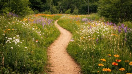 Obraz premium Curving dirt trail meandering through a lush summer meadow adorned with a variety of bright wildflowers