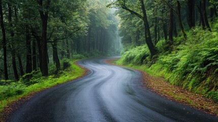 Naklejka premium A picturesque road meandering through a vibrant forest filled with abundant greenery
