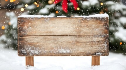 Fototapeta premium Wooden sign in winter setting blank for text, surrounded by snowy landscape and festive decorations, creating a cozy holiday atmosphere with bokeh lights.